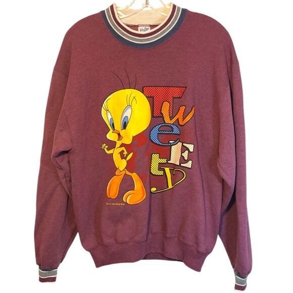 Vtg Tweety Bird Sweatshirt Mens Medium red Looney Tunes Warner Bros 90s Cartoon - Picture 10 of 10